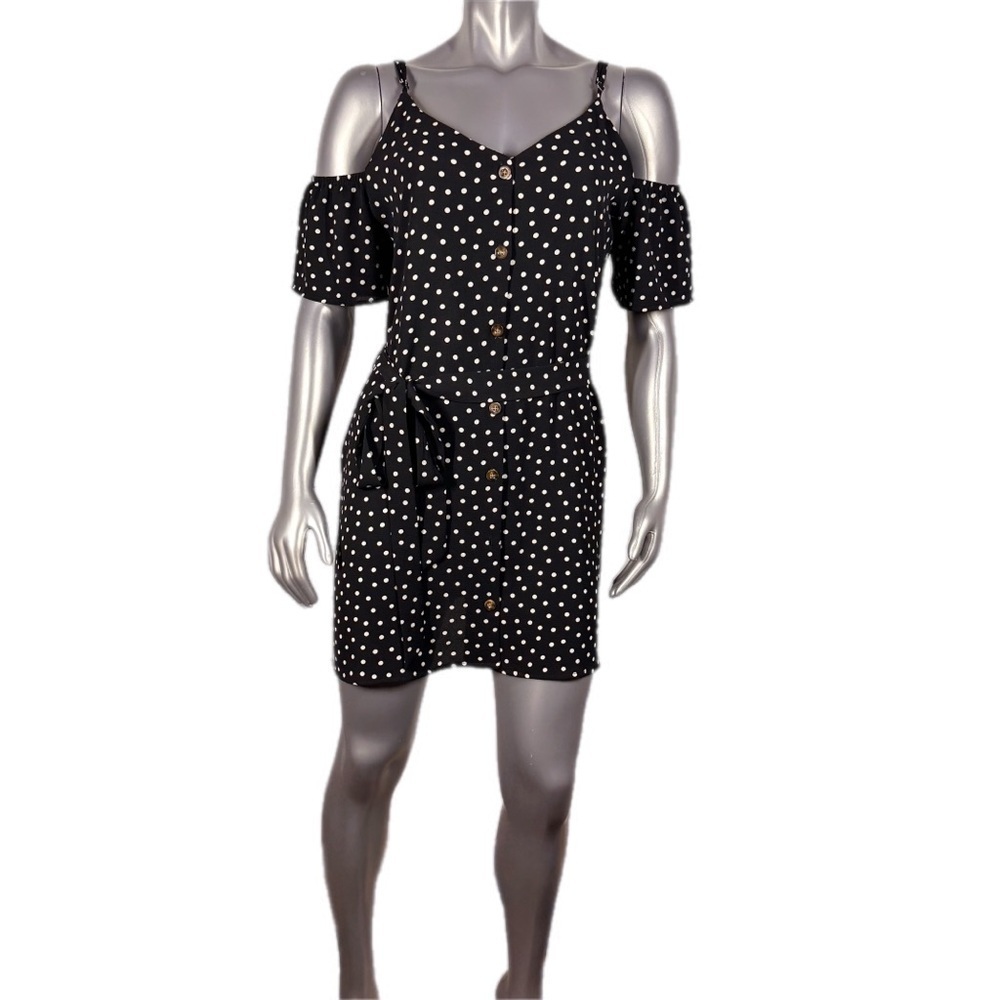 Speechless | Black and White Polka Dot Cold Shoulder Button Front Dress - Picture 3 of 12